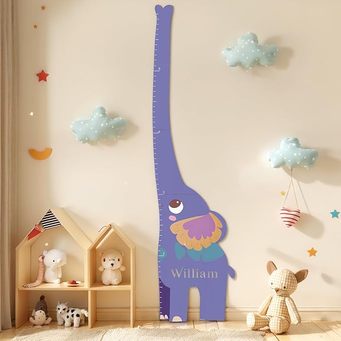 Woodemon Personalized Name Growth Chart for Kids, Elephant Patchwork Wooden Height Chart for Wall Decor, Custom Height Ruler, Baby Boy Girl Measurement Ruler for Bedroom Playroom, Easy to Mark