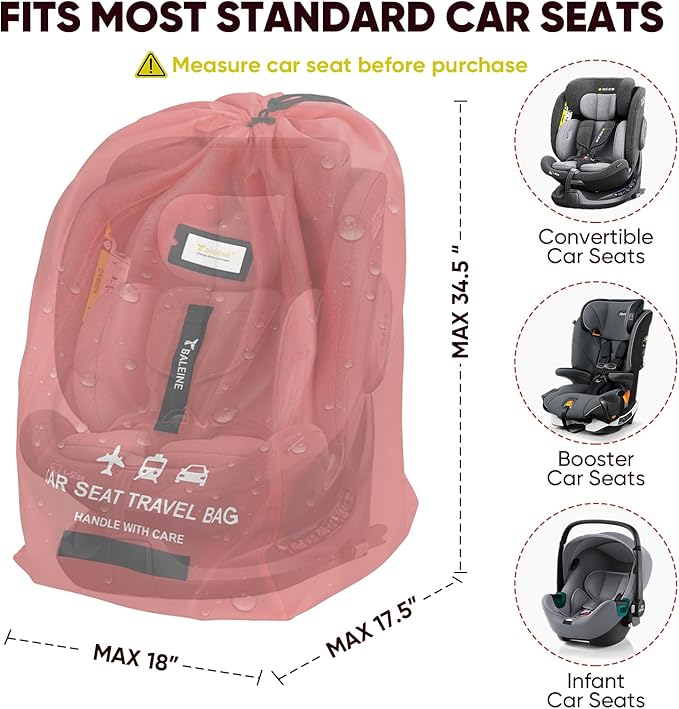 BALEINE Car Seat Travel Bag for Airplane, Water-Resistant Car Seat Bags for Air Travel, Foldable Cover with 3 Handles, Fits Toddler Carseat, Convertible and Booster Seats (Red)