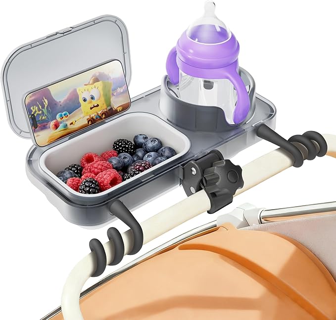 btrfe Universal Stroller Snack Tray, 3-in-1 Cup Holder Tray with Clamp & Silicone Arms Grip & Detachable Silicone Tray, Stroller Tray Attachment for Toddler & Kids, Snacking On The Go