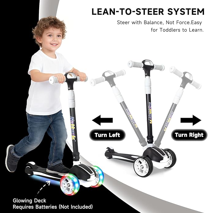 Nattork Kids Scooter for Age 3-8, Toddler Scooter with 4 Adjustable Height for Boys & Girls, Light Up 3-Wheels Foldable Kick Scooter, Lean to Steer, 120LB Weight Capacity
