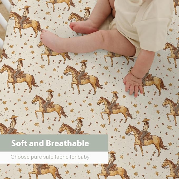 Retro Western Cowgirl Stars Baby Crib Sheets for Boy Girl 52"x28" Vintage Cowgirl Love Soft Stretchy Fitted Crib Mattress Cover Wild Desert Baby Sheet for Standard Crib and Toddler Bed Mattress