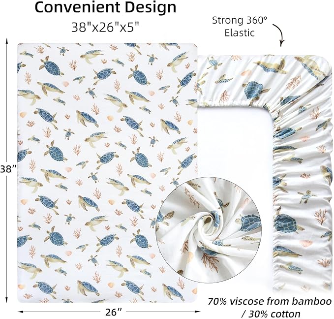 LifeTree Crib Sheets for Baby Unisex - Muslin Fitted Crib Sheets Toddler Bed Sheet, 70% Viscose from Bamboo and 30% Cotton, Fits Mini Crib & Pack and Play Playard, Sea Turtle, 26in x 38in