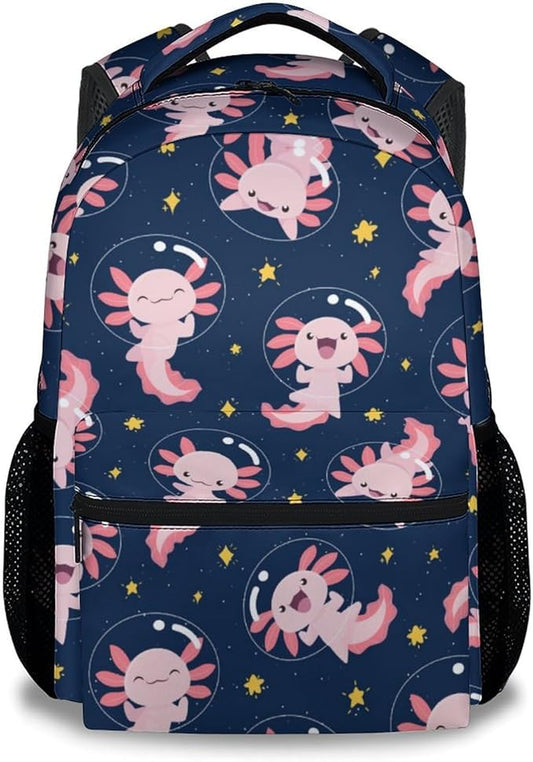 COZYAURA School Bags for Girls - Cute Black Axolotl Travel Backpack for Kids - 17 Inch Bookbag for Elementary Primary School - Back to School Supplies