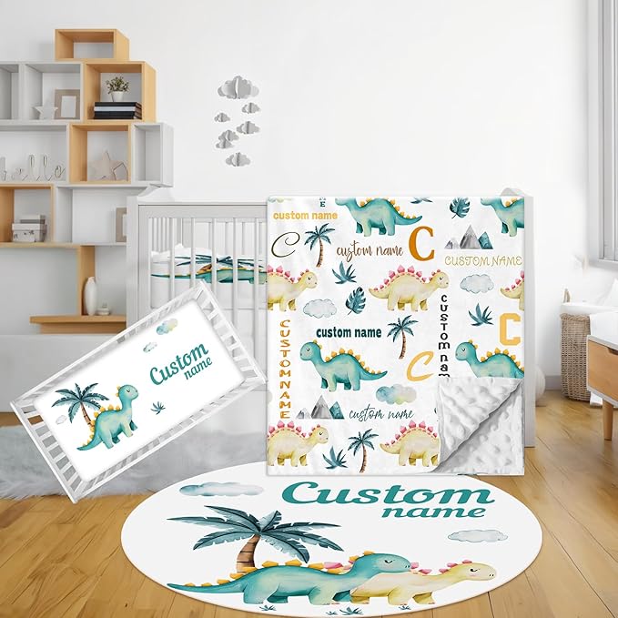 Personalized Baby Bedding Set, 3 Pcs Custom Name Crib Bedding Set for Nursery, Cute Baby Crib Set with Double Layer Blanket for Boys Girls, Customized Gifts for Infants Toddlers, Green Dino