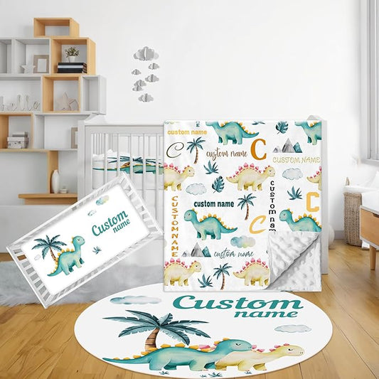 Personalized Baby Bedding Set, 3 Pcs Custom Name Crib Bedding Set for Nursery, Cute Baby Crib Set with Double Layer Blanket for Boys Girls, Customized Gifts for Infants Toddlers, Green Dino