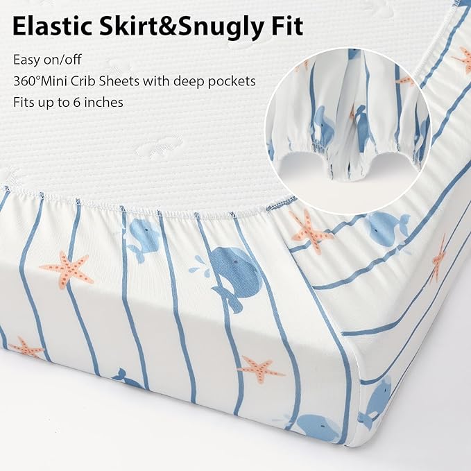 Baby Mini Crib Sheets Boy, Portable 38”x26” Pack and Play Sheets Fitted for Playard and Pack N Play Mattress, 3-Pack Soft Microfiber Blue Ocean Whale