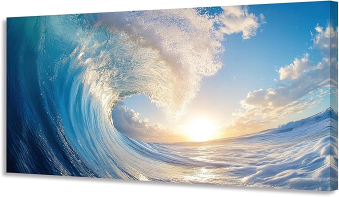 KUNHAAH Wall Art Canvas Painting Ocean Sunset Wave Clear Water 1 Piece Huge Waves Picture Poster Print Framed and Stretched Ready to Hang for Living Room Bedroom