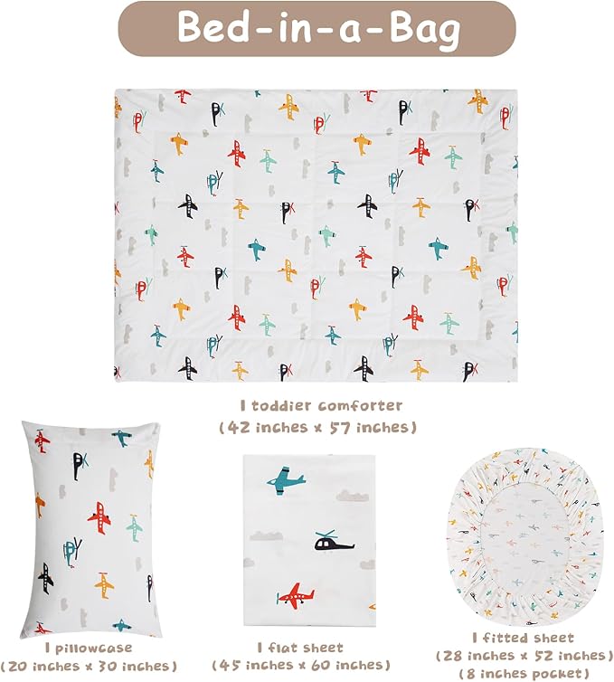 JSD Airplane Toddler Bedding Set, 4 Piece Bed-in-a-Bag Toddler Comforter Sheet Set, Machine Washable