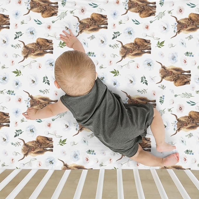 Boho Highland Cow Floral Baby Crib Sheets for Boy Girl 52"x28" Highland Yak Cattle Poppies Soft Snug Fitted Crib Mattress Cover Farmland Animal Baby Sheet for Standard Crib & Toddler Bed Mattress