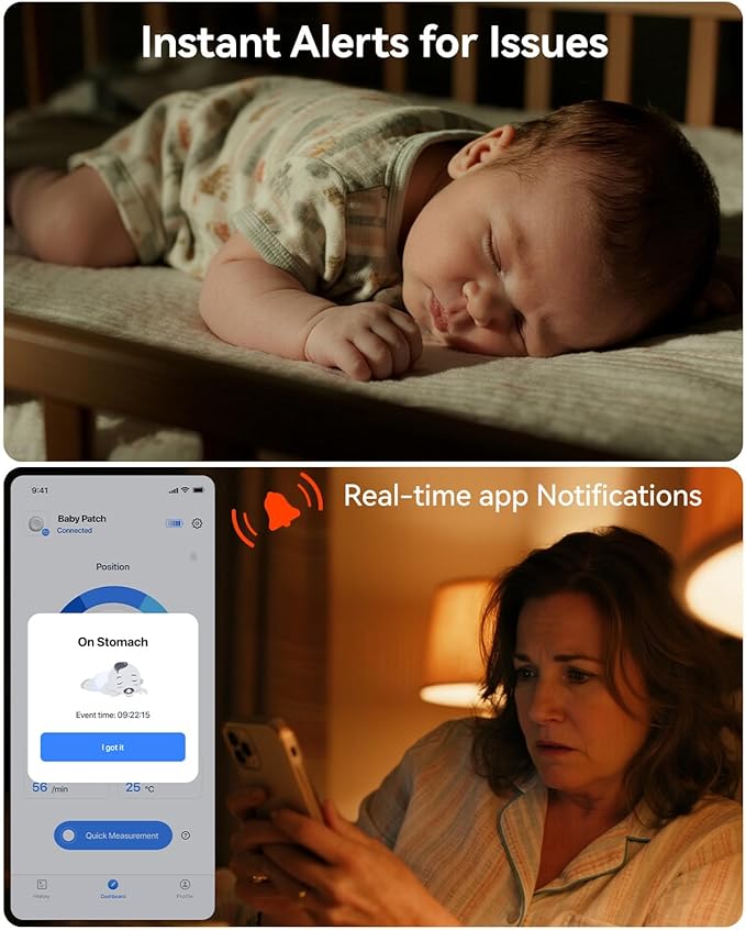Babytone Smart Baby Monitor – Baby Breathing Monitors with Rollover & Overheating Alarms, Long Battery Life, Real-Time Temperature Tracking, Free App for Infants & Newborns 0-24 Months (Sleep Clip)