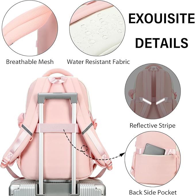 QHRIDS School Backpack for Girls, 3PCS Laptop Backpack 15.6 Inch with Lunch Box Pencil Pouch Set for Kids Teens Elementary Middle High School College Bookbag Student Casual Travel Daypack,Pink Beige