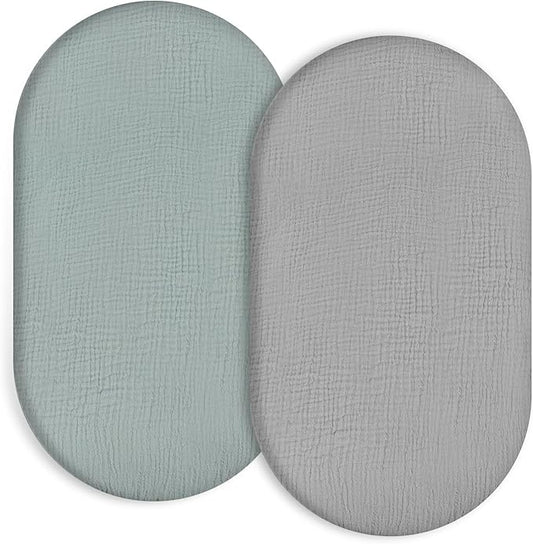 Muslin Bassinet Fitted Sheets 2 Pack, 100% Cotton Baby Cradle Sheets in Solid Green & Gray, Soft Breathable Mattress Covers for Boys & Girls, Fit Hourglass, Oval & Rectangle Pads