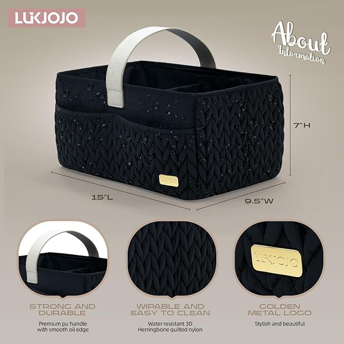 LUKJOJO Luxurious Baby Diaper Caddy, Nursery Storage Basket for Newborn Essentials, Travel Baby Basket for Diapers Baby Wipes, Organizer Tote Bag Storage Bin, Baby Shower Gifts(black)