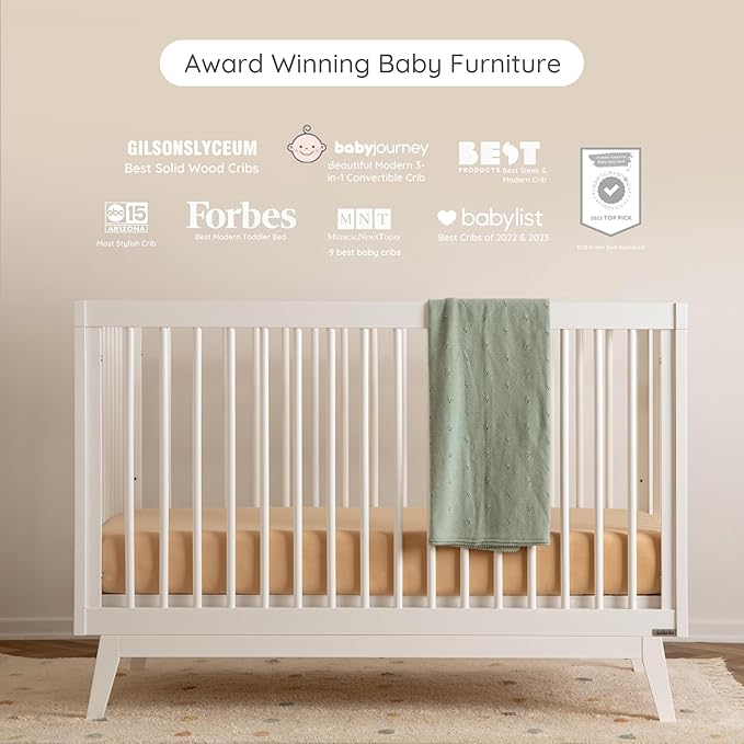 dadada Baby Soho 3-in-1 Convertible Wooden Crib to Toddler Bed - Made in Italy, GREENGUARD Gold Certified, Baby-Safe Finish, Handcrafted Beechwood, Modern Design, 3 Adjustable Heights (White)