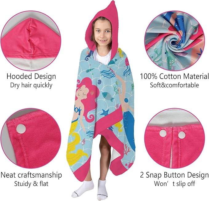 Thickened Hooded Towels for Kids Suitable Girls Boys Kids Bath Towels, 30"x50" Super Absorbent, Mermaid Cute Cartoon Toddler Towels Multi-Purpose for Beach, Pool and Bathroom