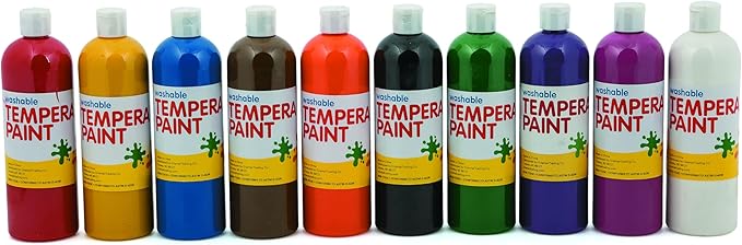 Fun Express Washable Tempera Paint Set for Kids - 10 Bright Colors in 16oz Squeeze Bottles | Bulk Craft Paint for Classroom, School, Preschool & Art Projects | Rainbow Colors