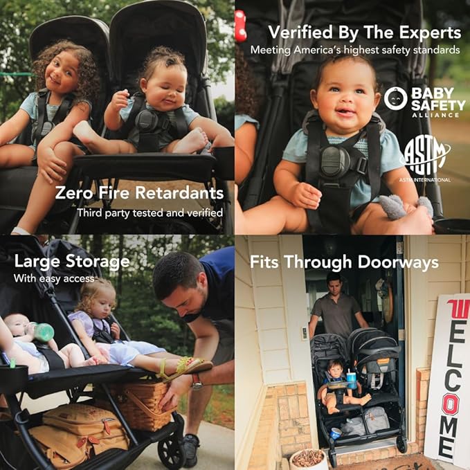 Strolee Lightweight Double Side by Side Stroller - 22 Lbs, 9.5" Compact Fold, Twin Nap Ready Seating, No Rethread Harness, Magnetic Buckle & Ultra Plush Seat 60Lb Per Seat- (v2 Fawn)