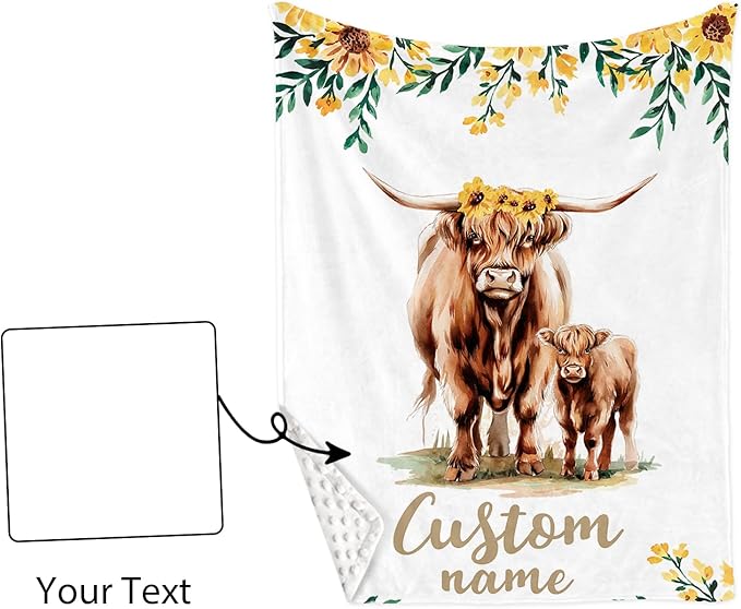 Personalized Baby Crib Bedding Set: 4 Piece Custom Yellow Highland Cattle Crib Bed Set with Name, Nursery Bedding Set for Baby Girls, Newborn Boys Crib Sets, Crib Bedding Custom Gift, Crib Sheet