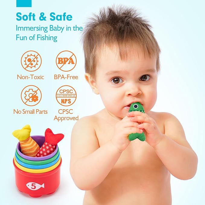 hahaland Toddler Toys Montessori Toys for 1 Year Old Boy Girl Birthday Gift - 10 in 1 Cloth Fishing Game Christmas Toddler Gifts 1-3 with Stacking Cups - Number Counting, Color Sorting Learning