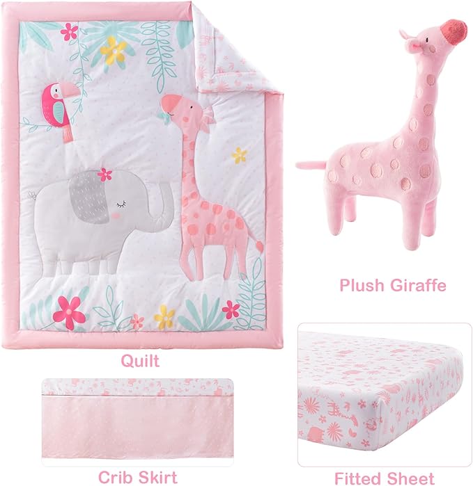 4-Piece Crib Bedding Set for Baby Boys Girls, Infant Toddler Nursery Baby Bedding Sets Includes Cartoon Quilt, Fitted Crib Sheet, Crib Skirt and Plush Giraffe Toy