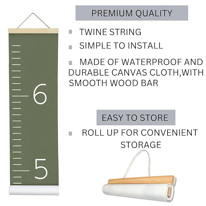 Morxy Canvas Growth Chart for Kids - Unisex Kids Room Wall Decor - Measuring Height Chart- Wall Tape with Height Chart for Kids (Canvas, Plain Olive)