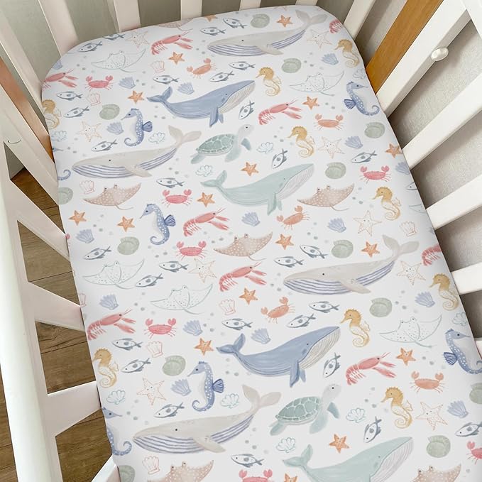 Boho Ocean Animals Baby Crib Sheets for Boys Girls Sea Horse Whale Turtle Crab Fish Soft Stretchy Crib Mattress Fitted Cover for 52''x28'' Standard Crib & Toddler Mattresses Marine Coastal Bed Sheets