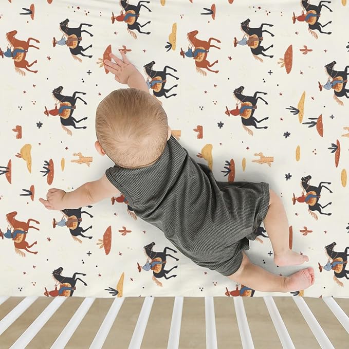 Vintage Western Cowboy Baby Crib Sheets for Boy Girl 28"x52" Retro Cowboy Horse Cactus Soft Stretchy Fitted Crib Mattress Cover Wild Desert Baby Sheet for Standard Crib & Toddler Mattress Pads