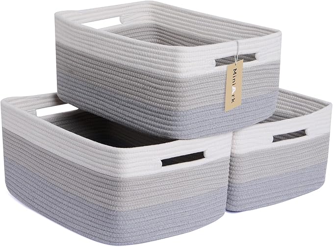 MiniArk Large Storage Baskets for Shelves, Closet Organizers Bins for Clothes Blanket Towels, Baby Nursery, Toy Baskets Box, Woven Rope Baskets, 17 x 13 x 7.5”, 3 Packs Gradient Grey