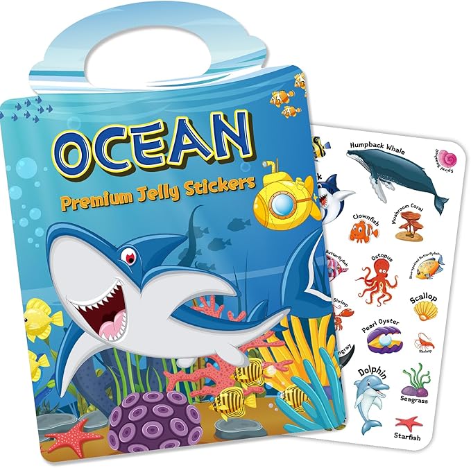 Reusable Sticker Book for Toddlers 3-6, Jelly Stickers for Kids, Sticker Activity Book Travel Toys for Road Trip, Car & Airplane, Educational Learning Gifts for Boys and Girls Ages (Ocean Theme)