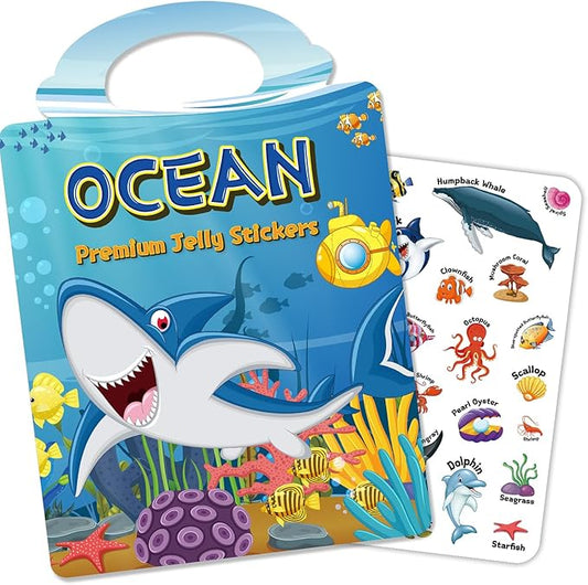 Reusable Sticker Book for Toddlers 3-6, Jelly Stickers for Kids, Sticker Activity Book Travel Toys for Road Trip, Car & Airplane, Educational Learning Gifts for Boys and Girls Ages (Ocean Theme)