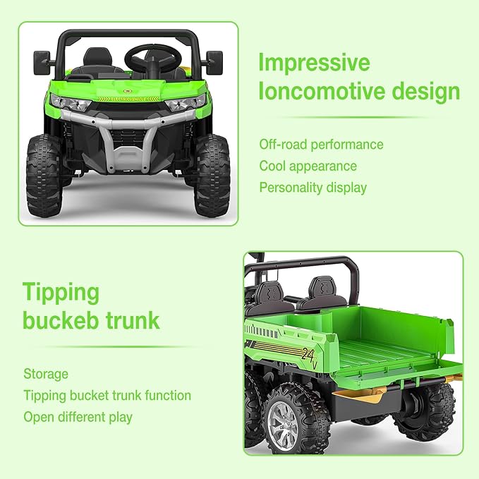 2-Seater Kids Ride On Dump Truck, 75W Electric Ride On UTV Toys with Remote Control, Dump Bed, PP Tire x 6, LED Light & Music, 24V 4WD Power Ride On Truck Car for Boys Girls (Green)