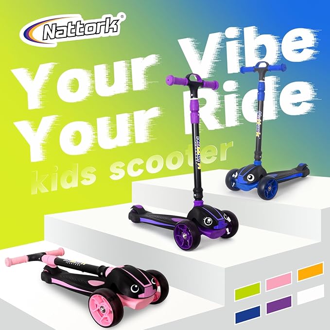 Nattork Kids Scooter for Age 3-8, Toddler Scooter with 4 Adjustable Height for Boys & Girls, Light Up 3-Wheels Foldable Kick Scooter, Lean to Steer, 120LB Weight Capacity