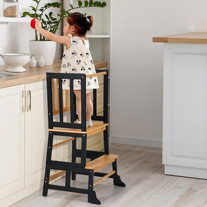COSYLAND Kids Kitchen Step Stool Helper - Wooden Standing Tower for Kids with Anti-Tip Support Legs (Black & Natural)