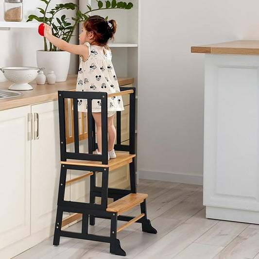 COSYLAND Kids Kitchen Step Stool Helper - Wooden Standing Tower for Kids with Anti-Tip Support Legs (Black & Natural)