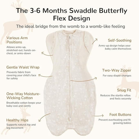 Transition Swaddle Sleep Sack, 3-6 Months, 12-18 lb, 2-Way Zipper, Moisture-Wicking Fabric, Improves Sleep, Snug Fit (Jungle and Deer)