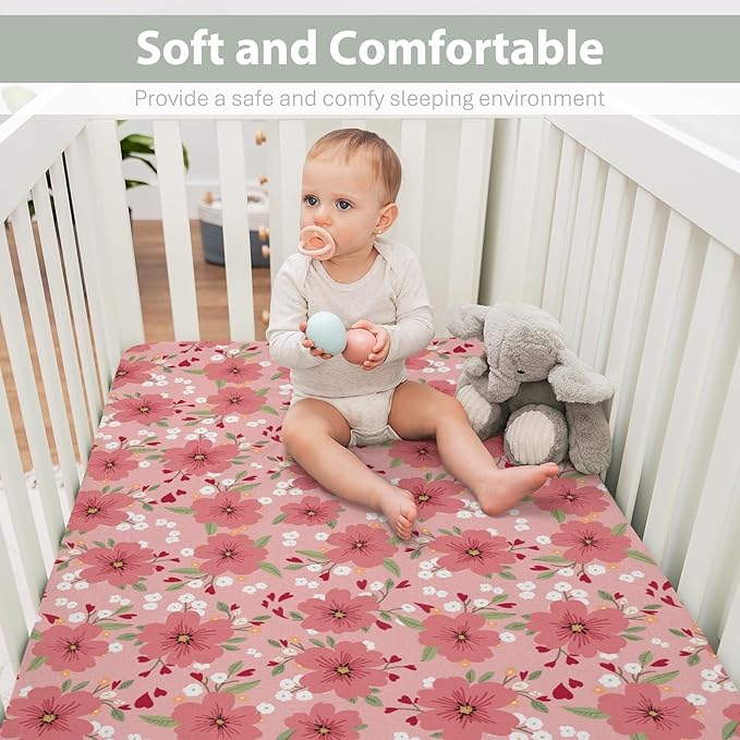Love Blooms Rose Baby Crib Sheets for Boy Girl 52"x28" Boho Floral Hearts Soft Stretchy Fitted Crib Mattress Cover Spring Summer Blossom Baby Sheet for Standard Crib and Toddler Bed Mattress