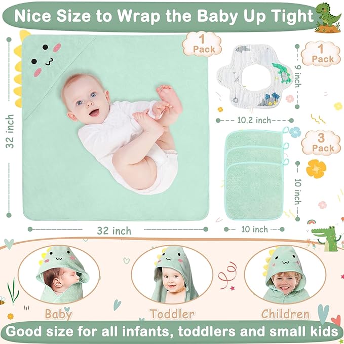 5 Pcs Baby Towel Set, 32x32 in Hooded Bath Towel, 3 Pcs Baby Washcloths and Cotton Baby Bibs for Newborns, Toddlers and Kids, Soft Baby Towels and Washcloths Set for Boys and Girls (Green Dinosaur)