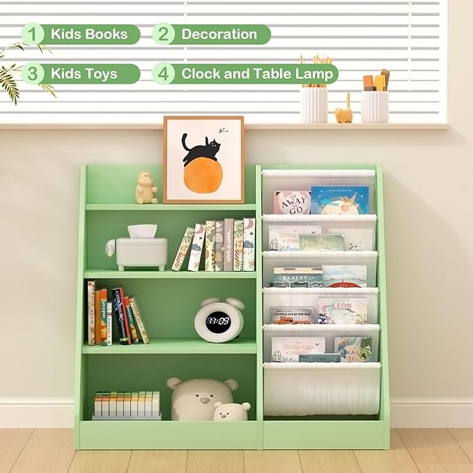 HedoAjim Kids Bookshelf Toddler Bookcase Children Book Rack Baby Toy Storage Organizer Child Book Display Shelf 4-Tier 5 Layer Sling Cabinet Chest Playroom Bedroom Classroom Library Green