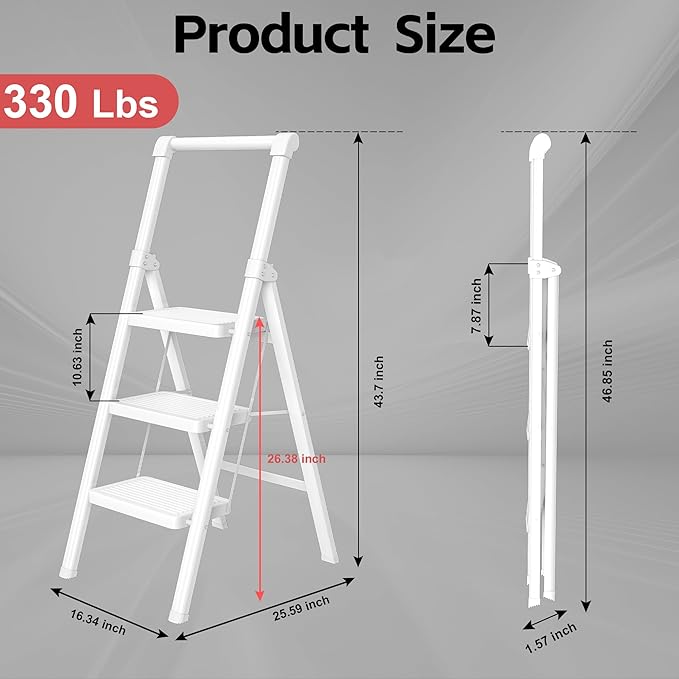 3 Step Ladder, DIAMONDFORGE Folding Step Stool with Wide Anti-Slip Pedal, Anti-Slip Feet and Handgrip, Sturdiest Steel Construction, Steel Ladder for Home, White