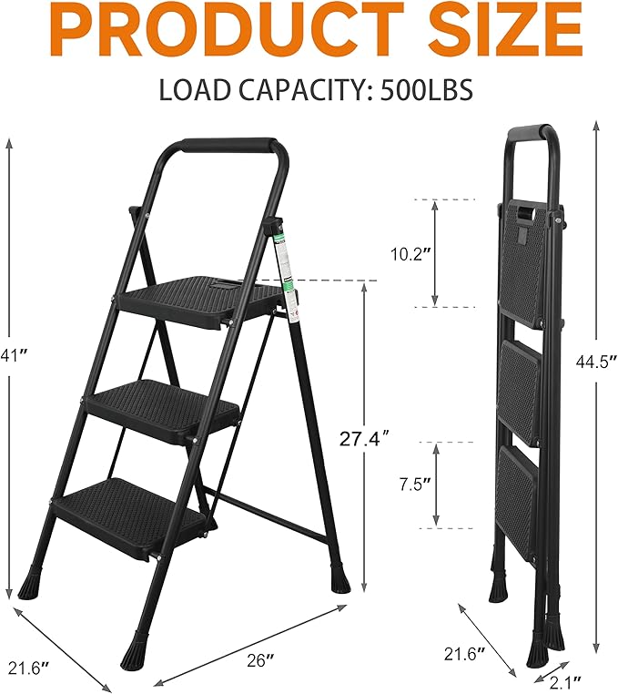 3 Step Ladder, Portable Steel Folding Stool with Wide Anti-Slip Pedal, 500lbs Sturdy Steel Ladder, Black
