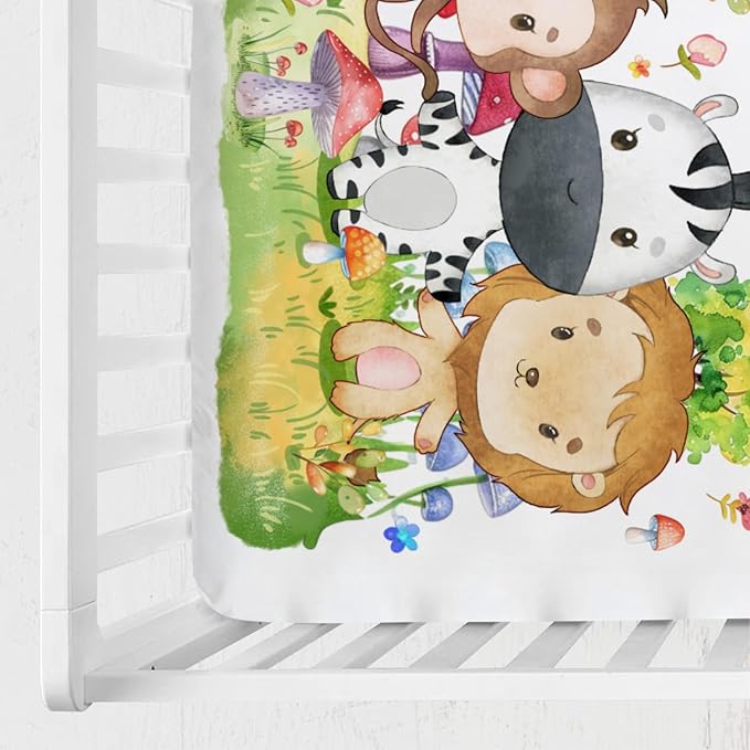 Baby Jungle Safari Animals Tropical Leaves Flowers Baby Crib Sheet 52''x28'' Fitted Crib Mattress Cover for Boy Girl Nursery Bed Sheet Fits Standard Crib Toddler Mattress (Forest, One Size)