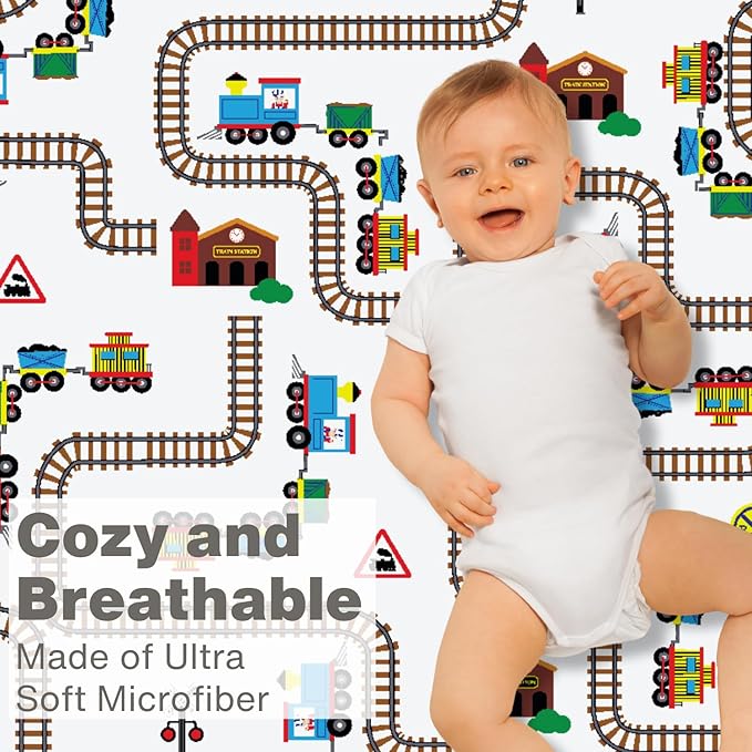 Baby Boy Fitted Crib Sheet Choo Choo Train, 100% Soft Breathable Microfiber Baby Sheet, Fits Standard Size Crib Mattress 28in x 52in, Nursery Sheet