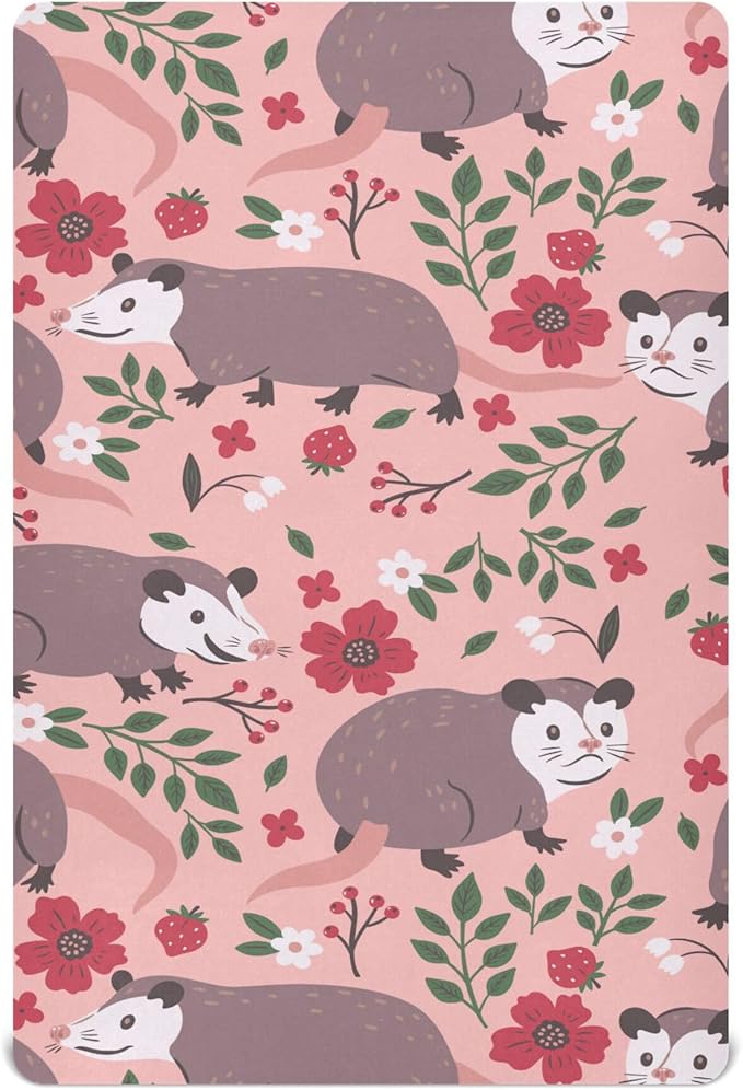 Opossum Possum Pink Crib Sheets Soft Breathable Fitted Baby Crib Sheets Mattress Cover for Girl Boys, 52" x 28" x 9"