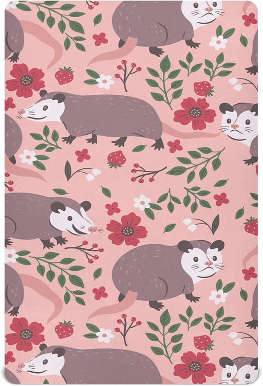 Opossum Possum Pink Crib Sheets Soft Breathable Fitted Baby Crib Sheets Mattress Cover for Girl Boys, 52" x 28" x 9"