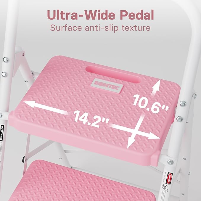 BONTEC 3-Step Ladder, Folding Step Stool, 600lbs Max Load Capacity, Sturdy Steel, Non-Slip Pedals, Lightweight, Portable Steel Ladder with Convenient Handrail, Safety Design for Home & Work, Pink