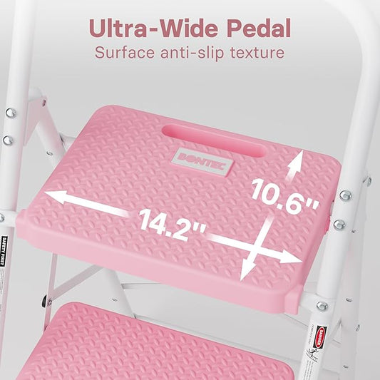 BONTEC 3-Step Ladder, Folding Step Stool, 600lbs Max Load Capacity, Sturdy Steel, Non-Slip Pedals, Lightweight, Portable Steel Ladder with Convenient Handrail, Safety Design for Home & Work, Pink