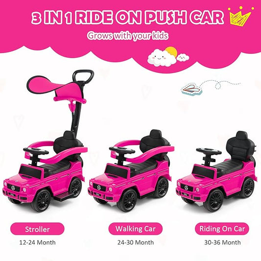 Costzon Push Car for Toddlers, 3 in 1 Mercedes Benz Stroller Sliding Walking Car w/Canopy, Handle, Armrest Guardrail, Underneath Storage, Horn Sound, Foot-to-Floor Ride On Toy for Boys Girls (Pink)