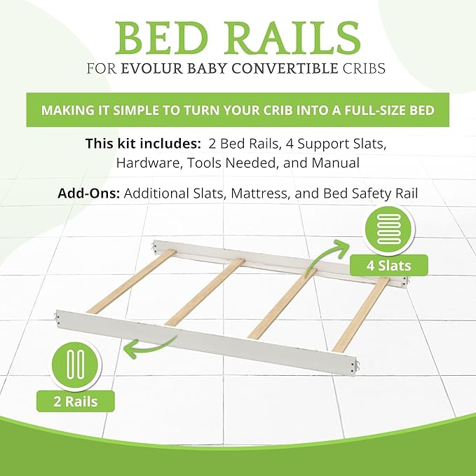 Full-Size Conversion Kit Bed Rails for Evolur Cribs - Solid Wood Crib Convertible Kit to Kids Bed - Transitional Style Rails & Easy-to-Install Child Essentials for Safety (Aged White)
