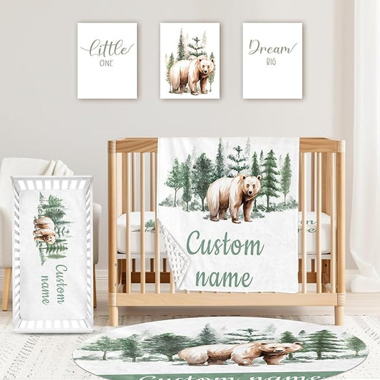Custom Baby Crib Bedding Set,Personalized Name Brown Bear Theme Nursery Bed Set 4 Piece,Baby Blanket Fitted Sheet Nursery Rug Wall Art Set,Custom Room Decor Idea Gift for Newborns Boys Girls