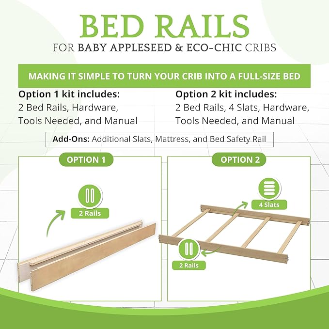 Full-Size Conversion Kit Bed Rails for Baby Appleseed & Eco-Chic Convertible Cribs - Solid Wood Rail - Toddler and Adult Bed Rail for Full-Size Beds - Nursery and Baby Furniture (Unfinished, Option 1)